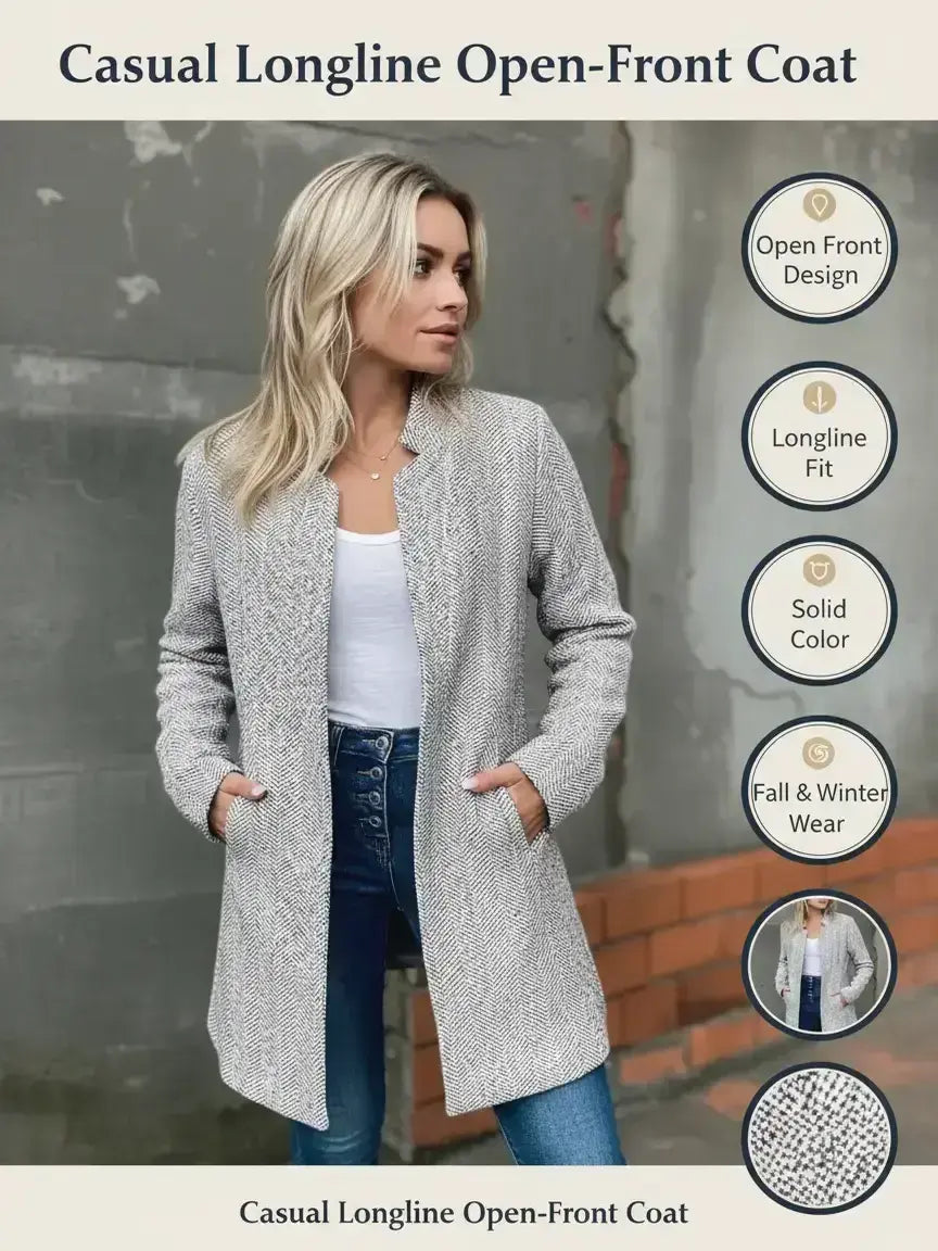 ๐๐Women's Basic Solid Color Pocket Long Sleeve Open Front Fitted Coat Fabric, Casual Longline Outerwear for Fall & Winter, Ladies Clothes for Daily Wear, Everyday, Womenswear Clothing for Women
