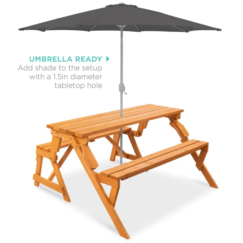 💥Factory Direct Sell💥 2-in-1 Wooden Picnic Table 🪑 Bench Convertible Design ⛱️ w/ Umbrella Hole