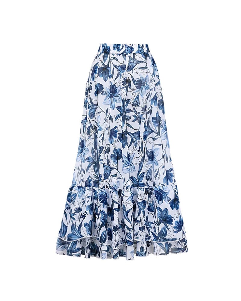 ππV Neck Lace Up Printed One Piece Swimsuit and Skirt