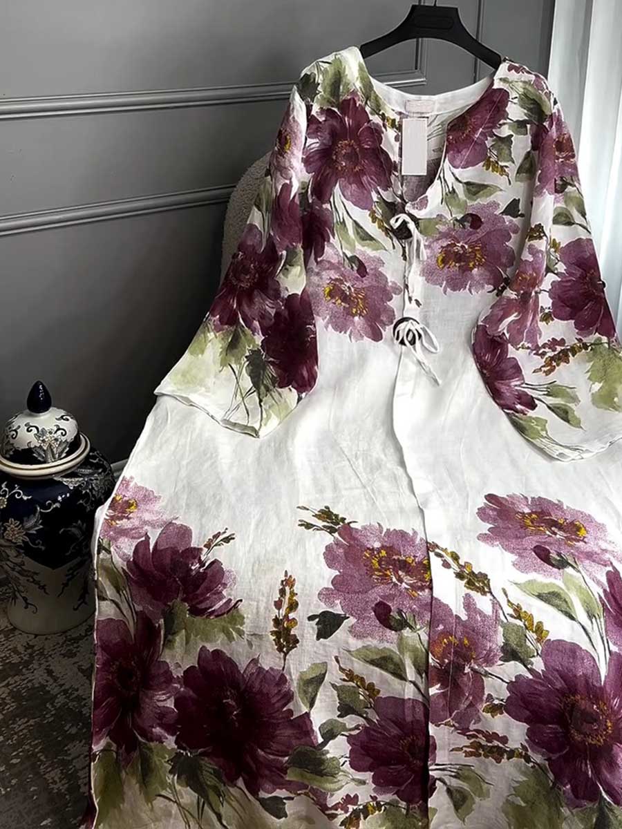 ๐๐Women's V-neck Long Sleeve Vintage Positioning Print Casual Loose Cotton and Linen Dress