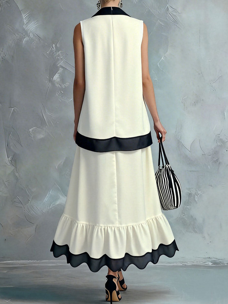 🎁New Arrivals🔥Women's Black And White Color-block Halter Neck With Pleating Sleeveless Dress