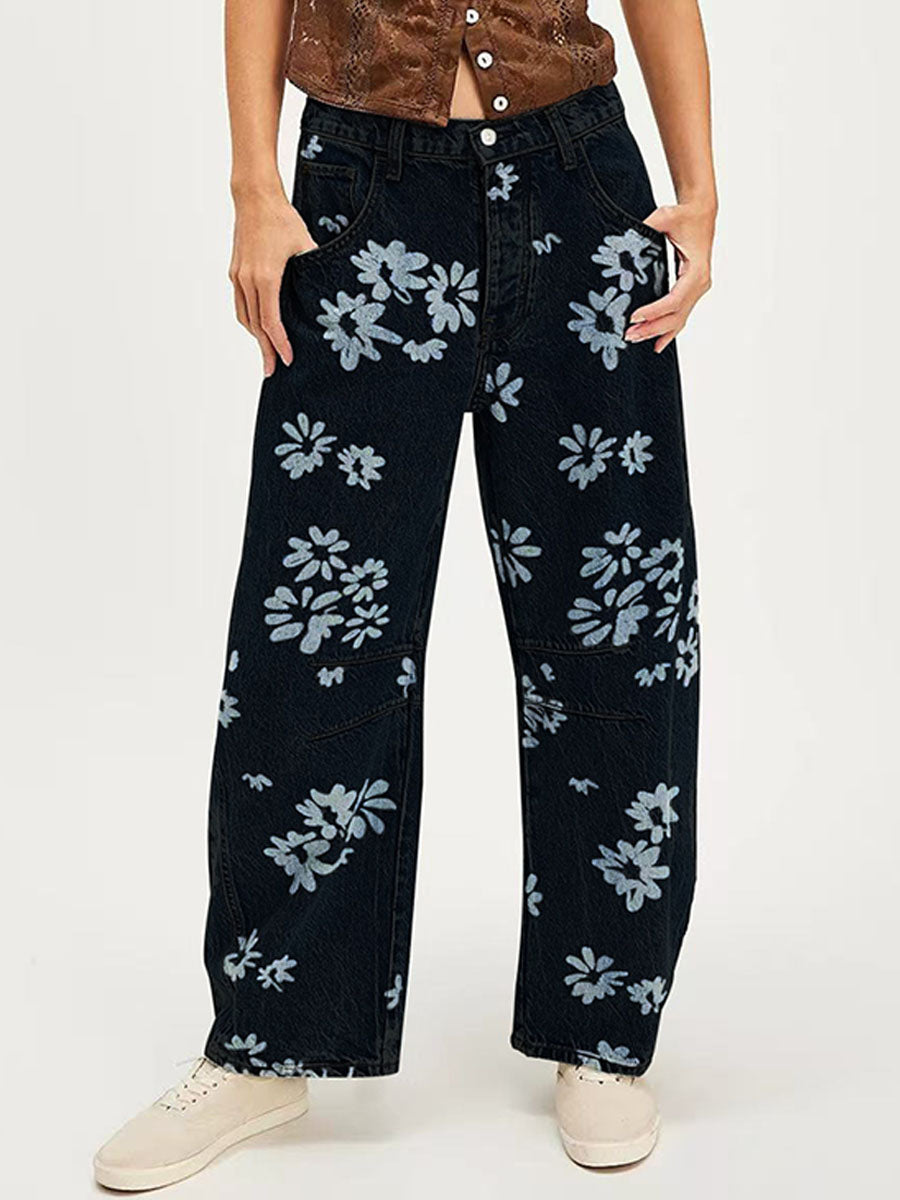๐๐Women's Flower Print Loose-fit Mid-rise Straight-leg Jeans