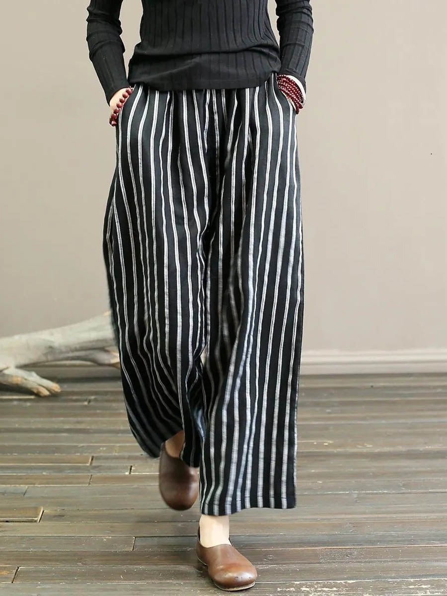 🎁New Arrivals🔥Women's High-waisted Loose-fit Striped Cotton-linen Wide-leg Pants