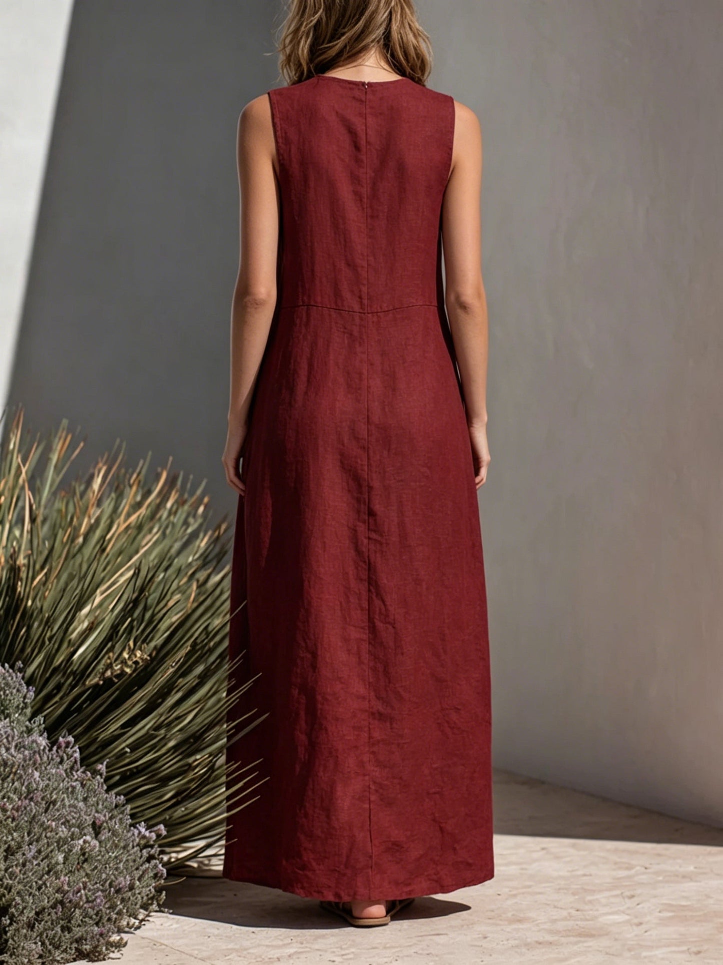 🎁New Arrivals🔥Wine Red Textured Cotton-linen Contrast Stitch Pocket Crew Neck Sleeveless Straight Maxi Dress