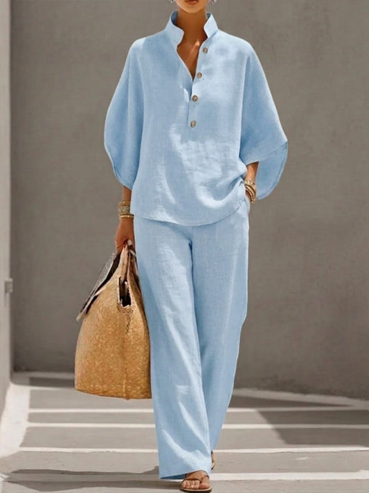 🎁New Arrivals🔥Women’s Batwing Sleeve Linen Cotton Two-Piece Set – Casual Shirt & Wide Leg Pants Outfit