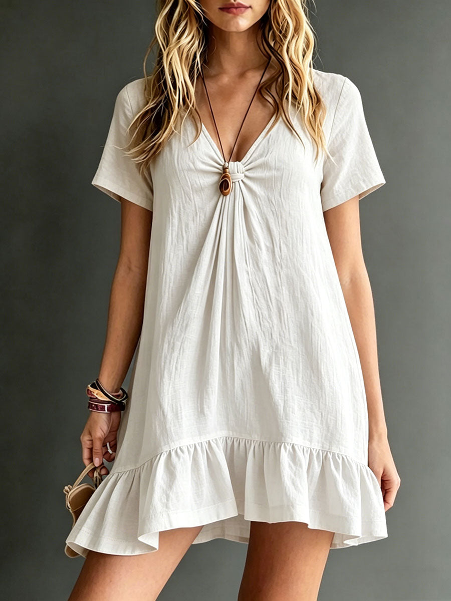🎁New Arrivals🔥Women's Solid-color Cotton-linen V-neck Short-sleeve Dress