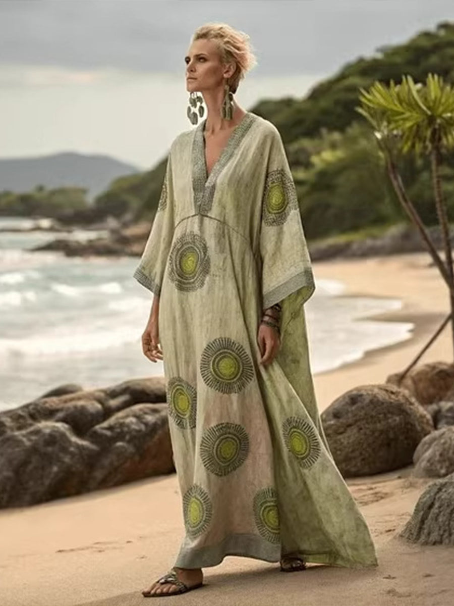 🎁New Arrivals🔥Bohemian Art-print Loose-fit Extra-long Linen And Cotton Dress
