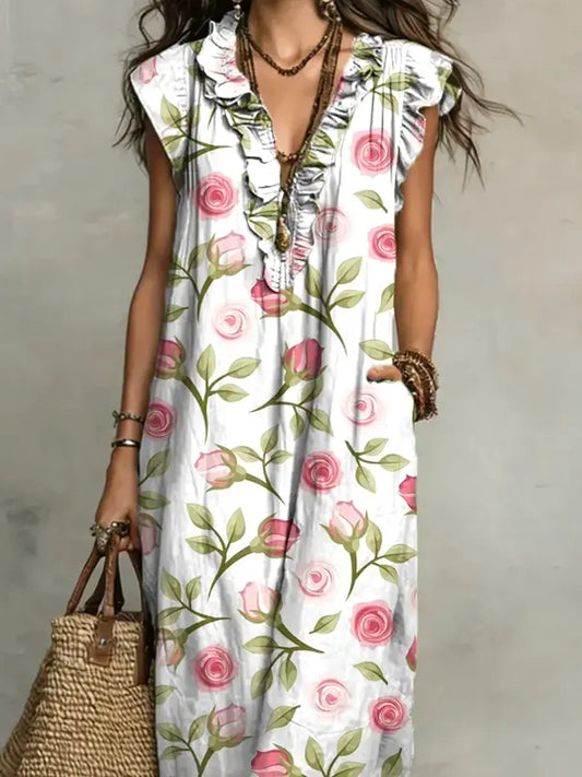🎁New Arrivals🔥Women's Floral Pattern Art Print Casual Ruffled Stylish Cotton Linen Dress