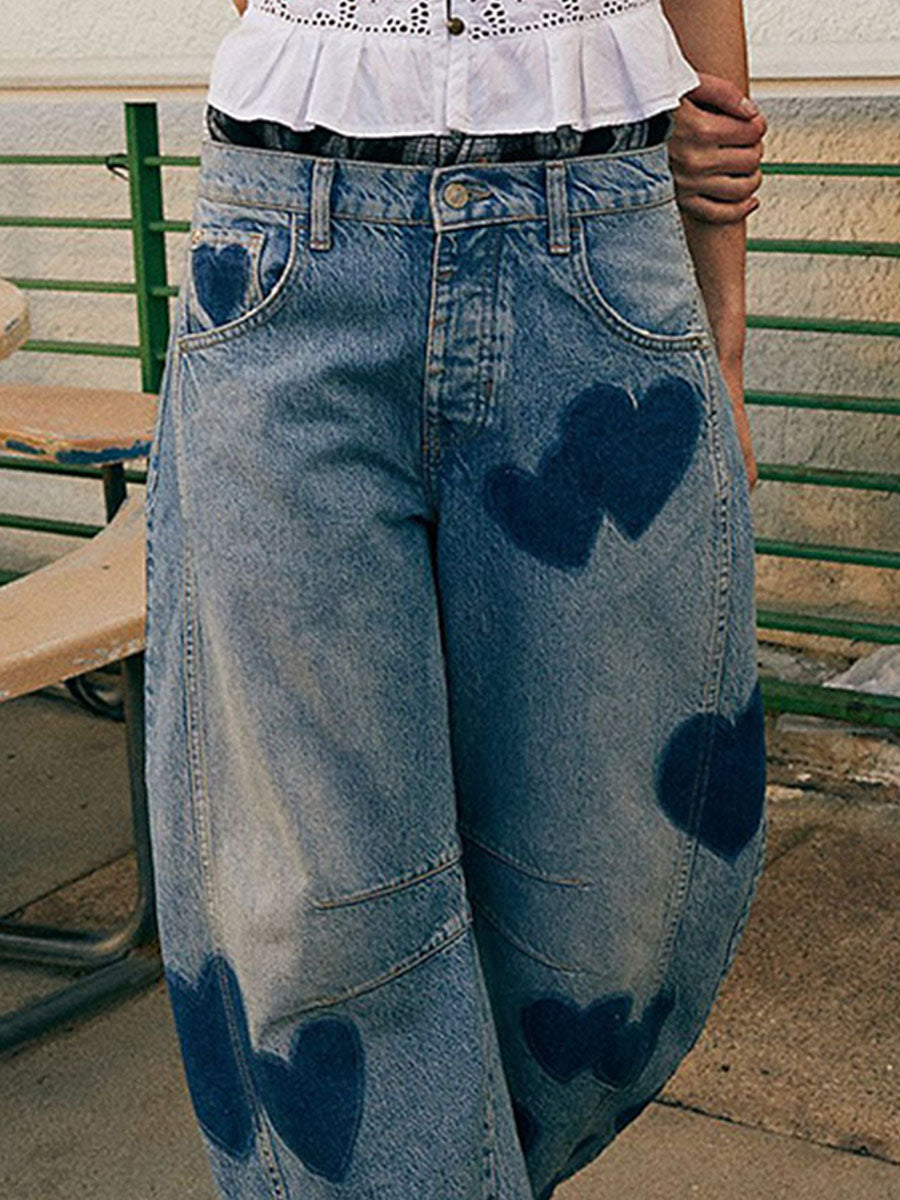 ๐๐Women's Love Print Loose-fit Mid-rise Straight-leg Jeans