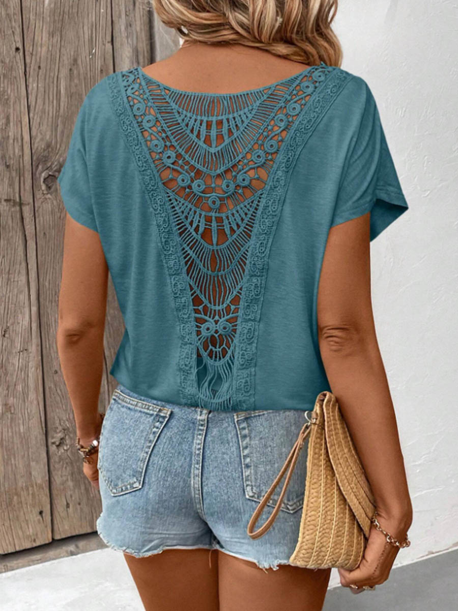 Women's Solid-color Round-neck Short-sleeve Top — Casual Loose-fit With Lace Splicing