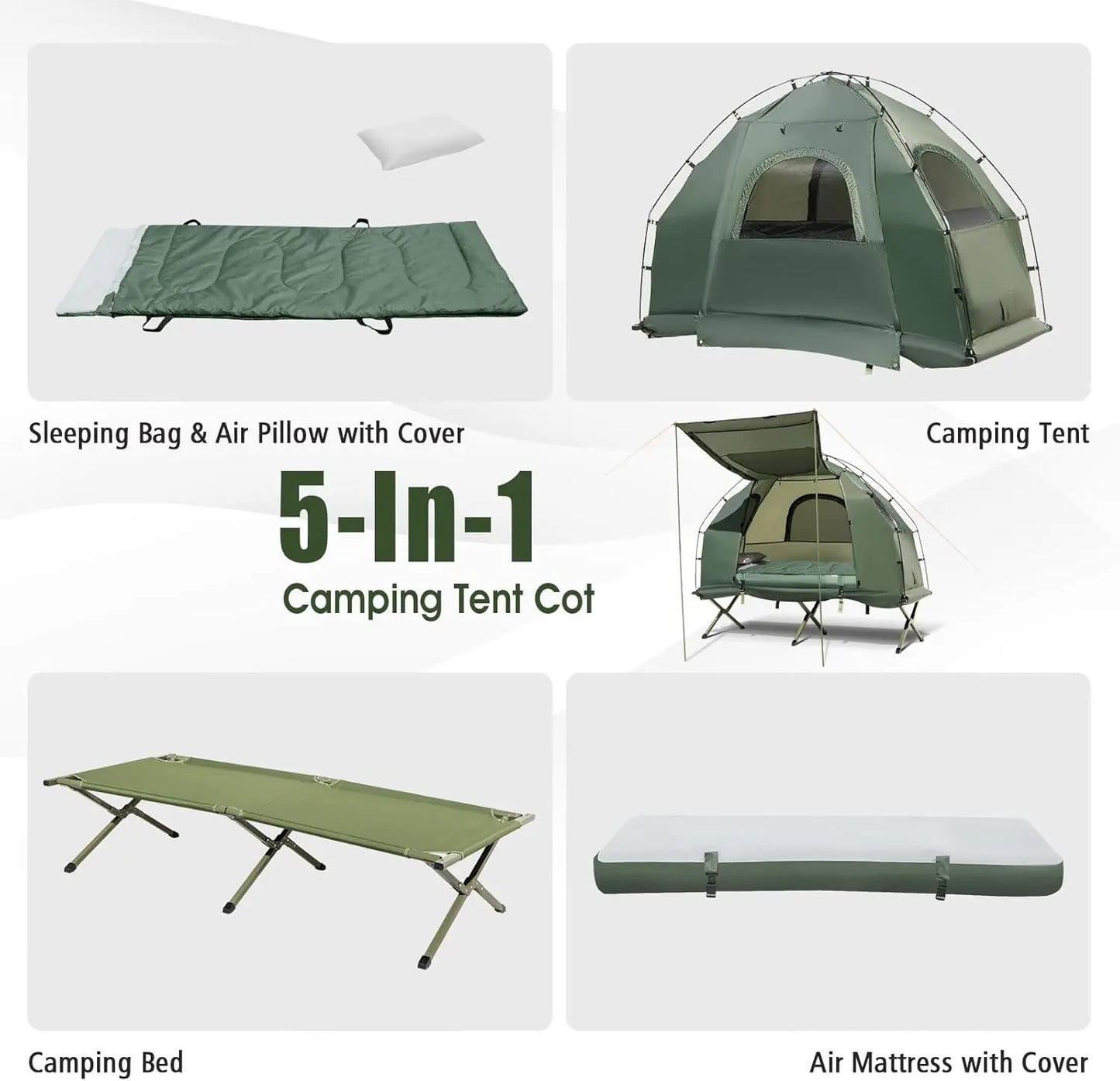 💥Factory Direct Sell💥5-in-1 Camping Tent Cot 🏕️ Air Mattress + Sleeping Bag + Pillow 🛏️ Outdoor Combo