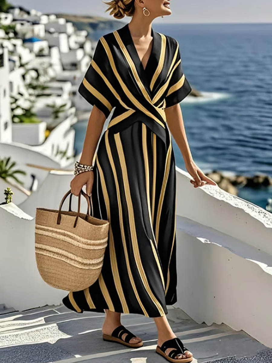 💝💝Women's Striped Print V-neck Short-sleeve Casual Loose Cotton-linen Dress
