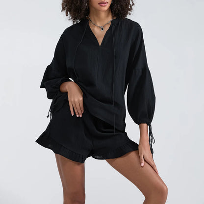 💝💝Women's Summer 2 Piece Outfits Solid Color Long Sleeve Tie-Up V-Neck Tops Elastic Waist Shorts Set