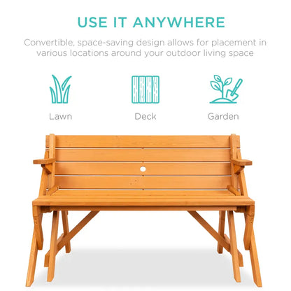 💥Factory Direct Sell💥 2-in-1 Wooden Picnic Table 🪑 Bench Convertible Design ⛱️ w/ Umbrella Hole