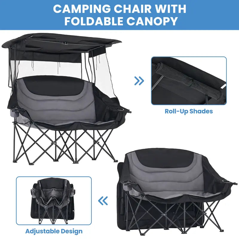 💥Factory Direct Sell💥 XXL Double Camping Chair 🪑 Padded Loveseat w/ Shade Canopy 🌿 Outdoor Lounge