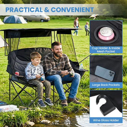 💥Factory Direct Sell💥 XXL Double Camping Chair 🪑 Padded Loveseat w/ Shade Canopy 🌿 Outdoor Lounge