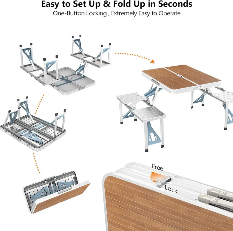💥Factory Direct Sell💥🪑 4FT Folding Picnic Table Set ⛱️ w/ 4 Seats & Umbrella Hole 🏕️ BBQ Travel RV Table