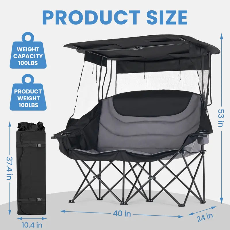 💥Factory Direct Sell💥 XXL Double Camping Chair 🪑 Padded Loveseat w/ Shade Canopy 🌿 Outdoor Lounge