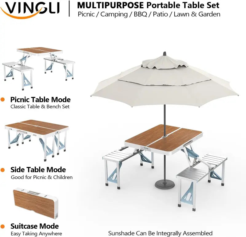💥Factory Direct Sell💥🪑 4FT Folding Picnic Table Set ⛱️ w/ 4 Seats & Umbrella Hole 🏕️ BBQ Travel RV Table