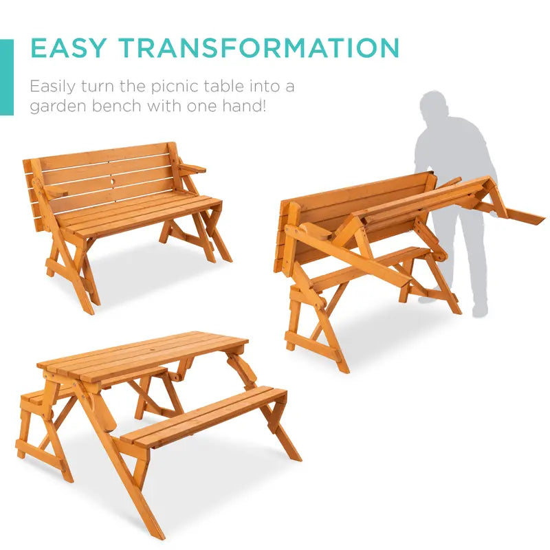 💥Factory Direct Sell💥 2-in-1 Wooden Picnic Table 🪑 Bench Convertible Design ⛱️ w/ Umbrella Hole