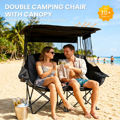 💥Factory Direct Sell💥 XXL Double Camping Chair 🪑 Padded Loveseat w/ Shade Canopy 🌿 Outdoor Lounge