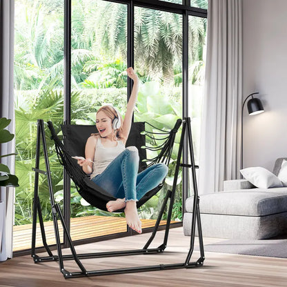 💥Factory Direct Sell💥Double Fabric Hammock Chair 🪑 w/ Stand 🌿 Easy Setup & Portable Design 💪