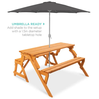 💥Factory Direct Sell💥 2-in-1 Wooden Picnic Table 🪑 Bench Convertible Design ⛱️ w/ Umbrella Hole