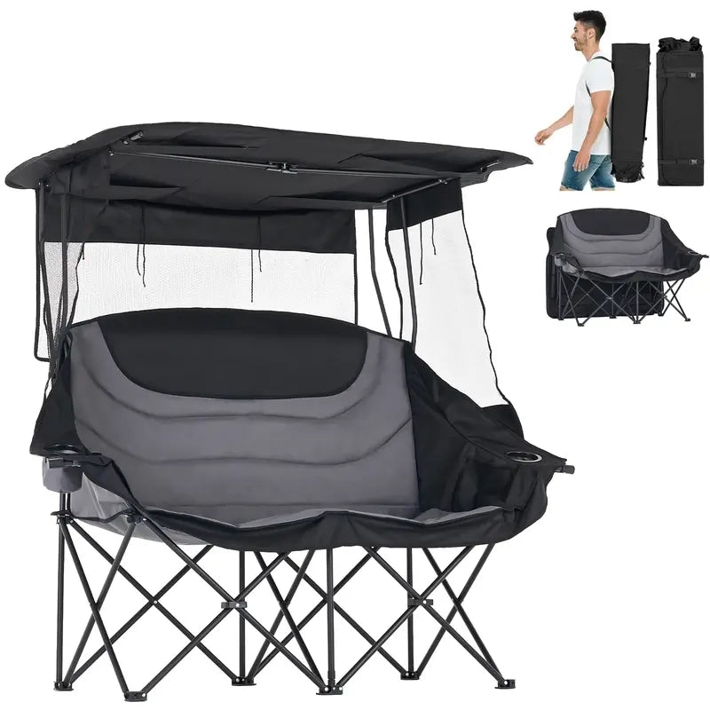 💥Factory Direct Sell💥 XXL Double Camping Chair 🪑 Padded Loveseat w/ Shade Canopy 🌿 Outdoor Lounge