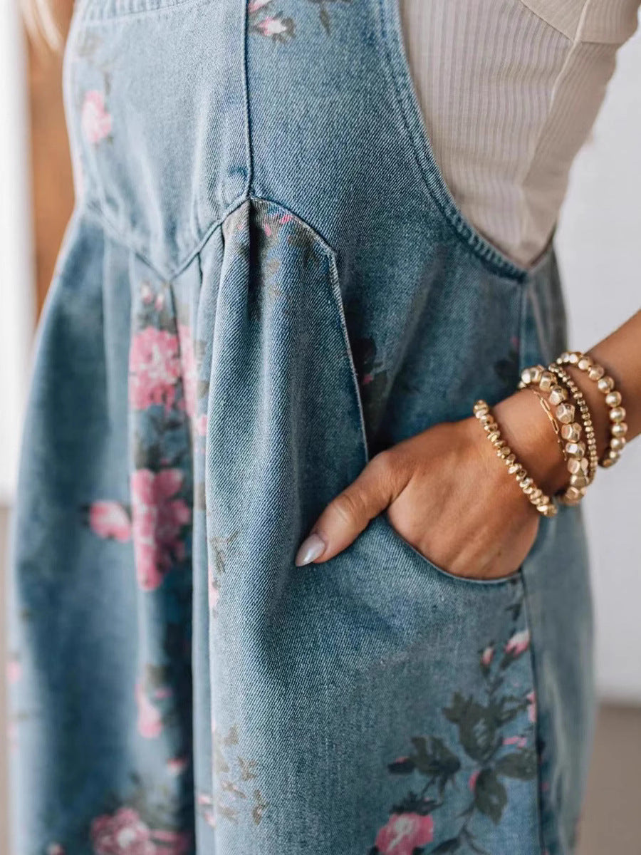 💝💝Women's Retro Personality Printed Denim Jumpsuit