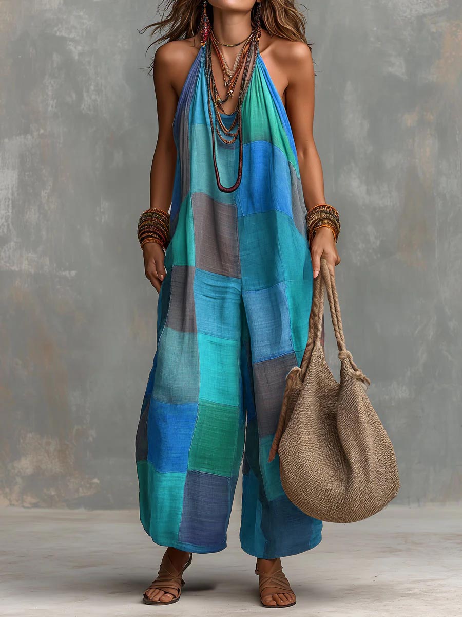 📦📦LAST DAY SAVE 49% ⏰Women's Plaid-print Casual Loose Halter-neck Cotton-linen Wide-leg Jumpsuit