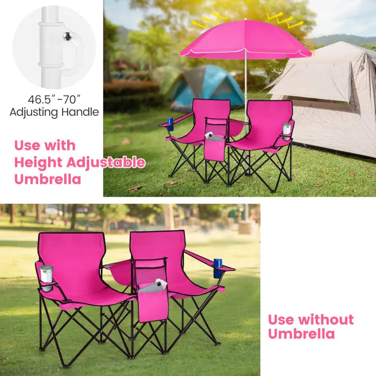 💥Factory Direct Sell💥 Double Camping Chairs ⛱️ w/ Umbrella & Cooler Bag 🧃 Outdoor Folding Set