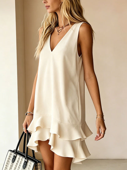 💝💝Women's Solid-color V-neck Sleeveless Loose-fit Ruffled Dress