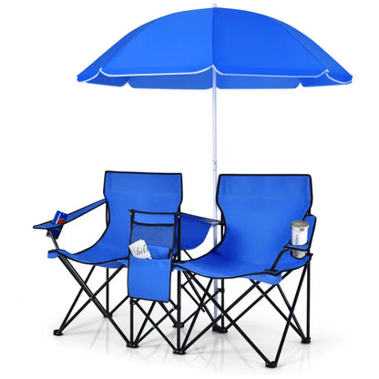💥Factory Direct Sell💥 Double Camping Chairs ⛱️ w/ Umbrella & Cooler Bag 🧃 Outdoor Folding Set