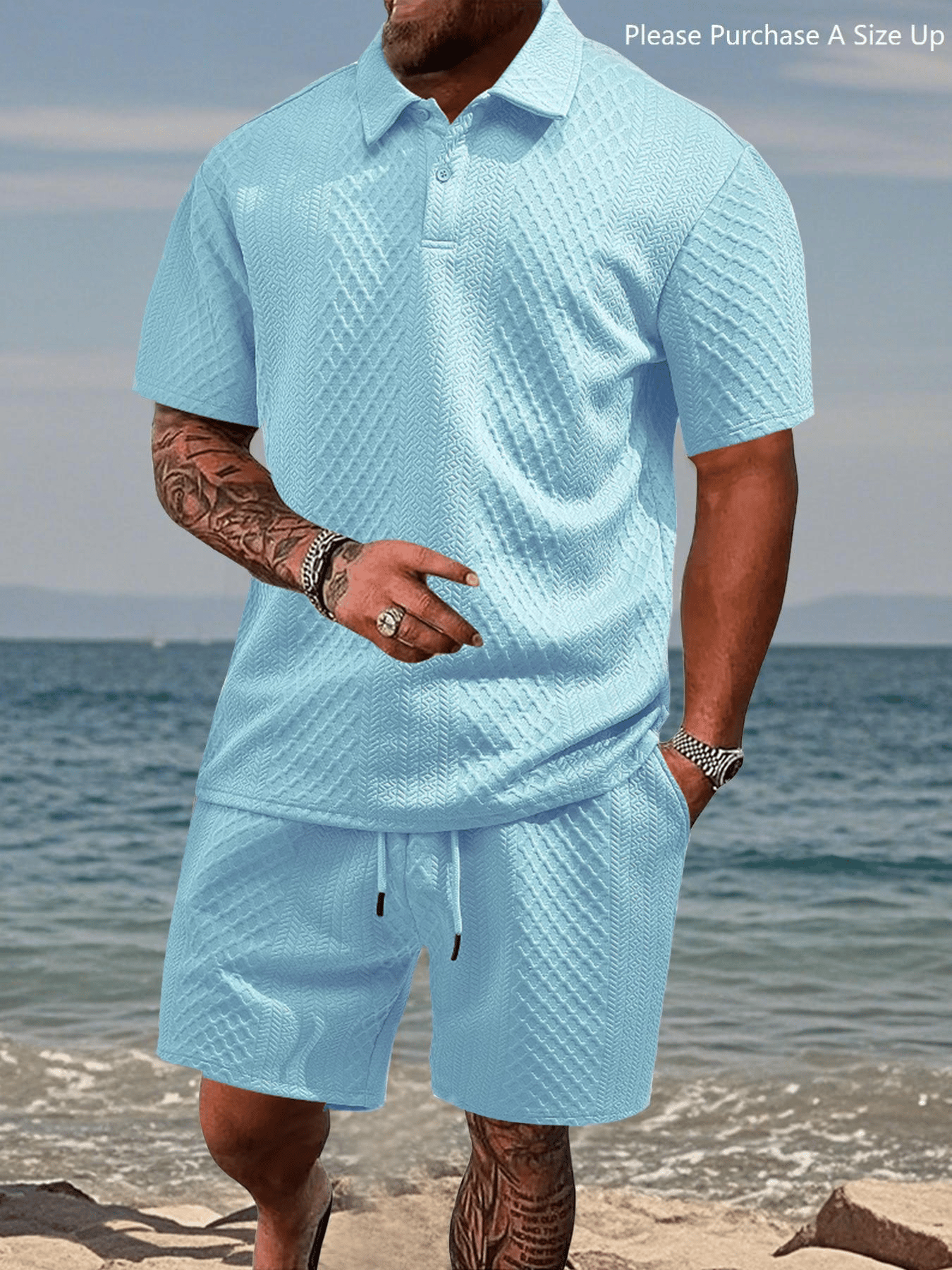 🎁New Arrivals🔥Men's Solid Polo Shirt & Drawstring Waist Shorts Set, Cozy Breathable Two-piece Outfits