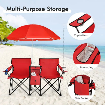 💥Factory Direct Sell💥 Double Camping Chairs ⛱️ w/ Umbrella & Cooler Bag 🧃 Outdoor Folding Set