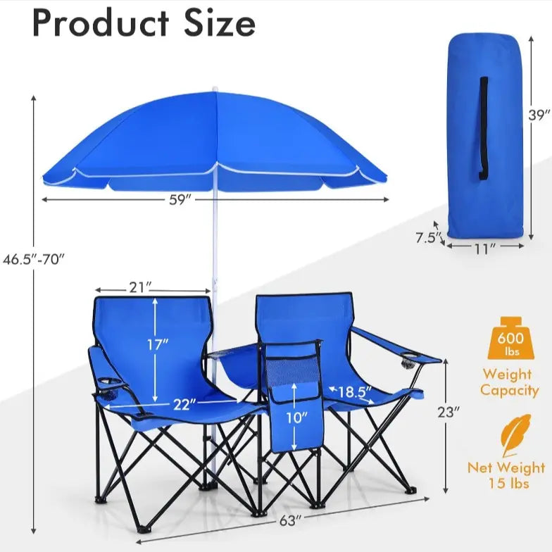 💥Factory Direct Sell💥 Double Camping Chairs ⛱️ w/ Umbrella & Cooler Bag 🧃 Outdoor Folding Set