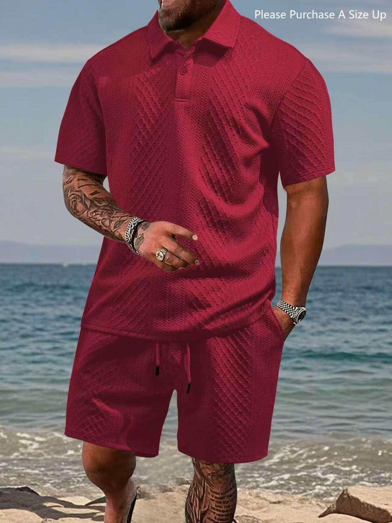 🎁New Arrivals🔥Men's Solid Polo Shirt & Drawstring Waist Shorts Set, Cozy Breathable Two-piece Outfits