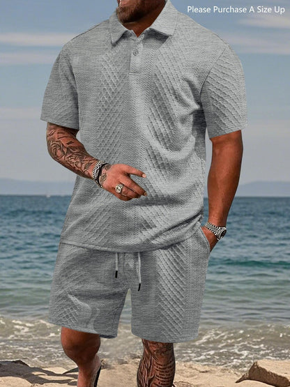 🎁New Arrivals🔥Men's Solid Polo Shirt & Drawstring Waist Shorts Set, Cozy Breathable Two-piece Outfits