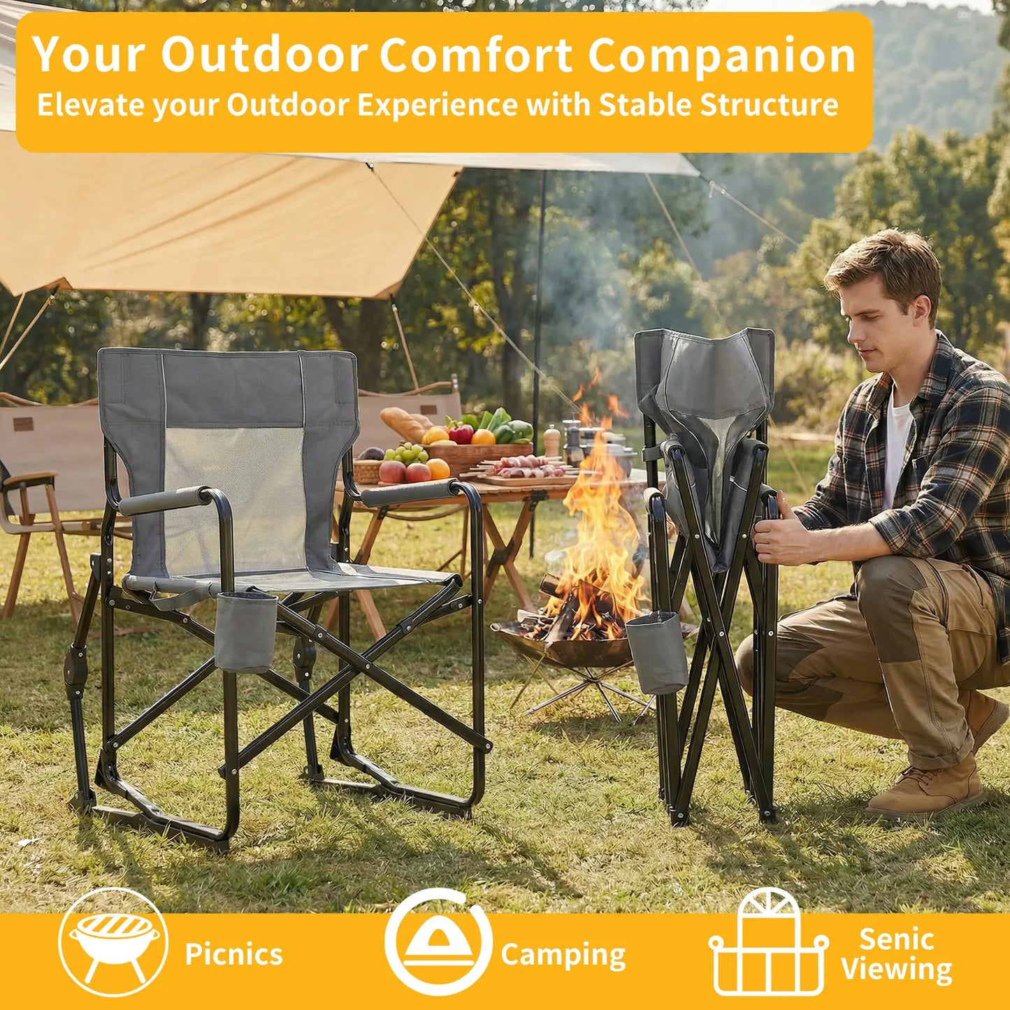 💥Factory Direct Sell💥Folding Camping Rocker Chair 🪑 Extra Wide Comfort 🌿 Padded High Back 💪