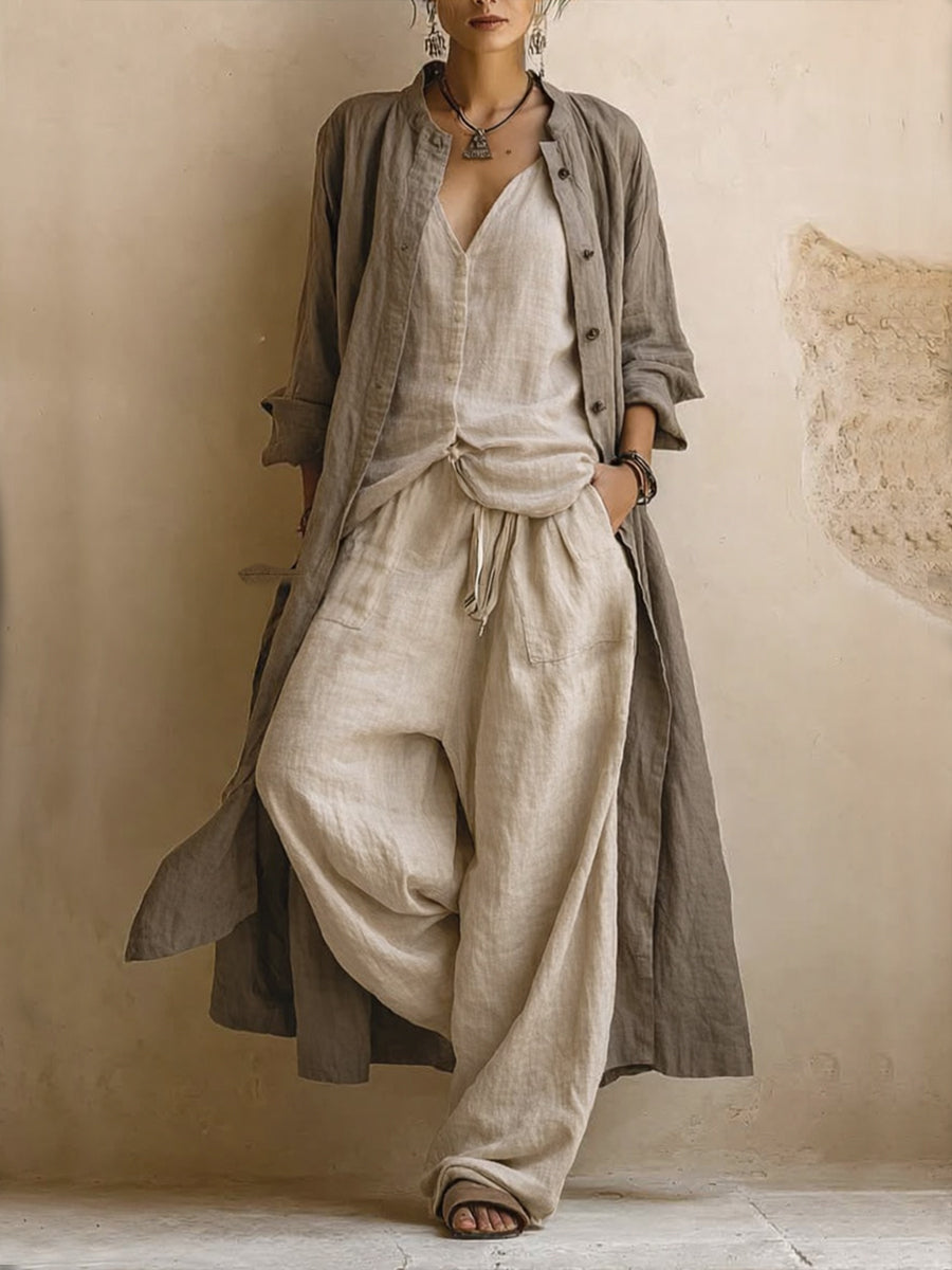 🎁New Arrivals🔥Casual Bohemian Linen And Cotton Long Cardigan And Sleeveless Top And Pants Three-piece Set