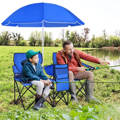 💥Factory Direct Sell💥 Double Camping Chairs ⛱️ w/ Umbrella & Cooler Bag 🧃 Outdoor Folding Set