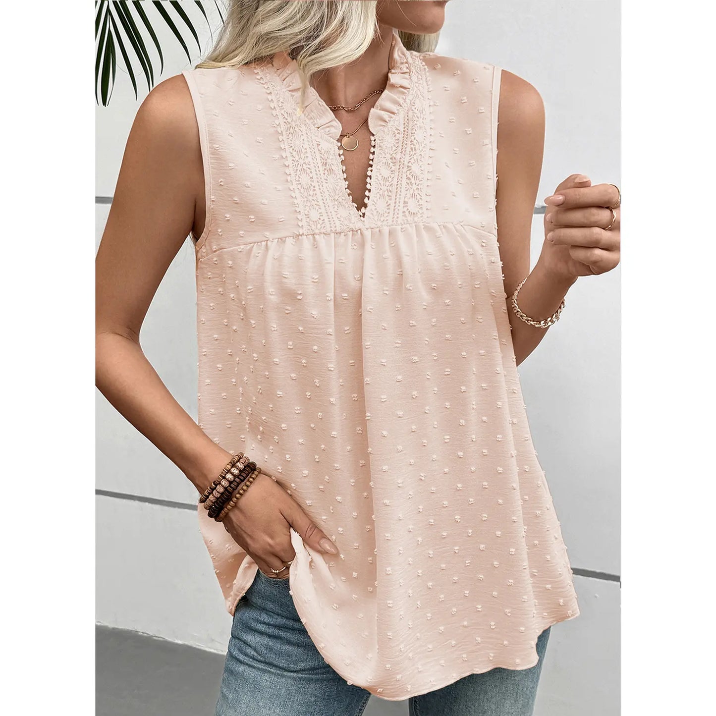 💝💝EVALESS Women's Tank Top Lace Casual V Neck Elegant Swiss Dot Smocked Sleeveless T Shirts Tops 2026 Womenswear Fashion Outfits SummerVibes
