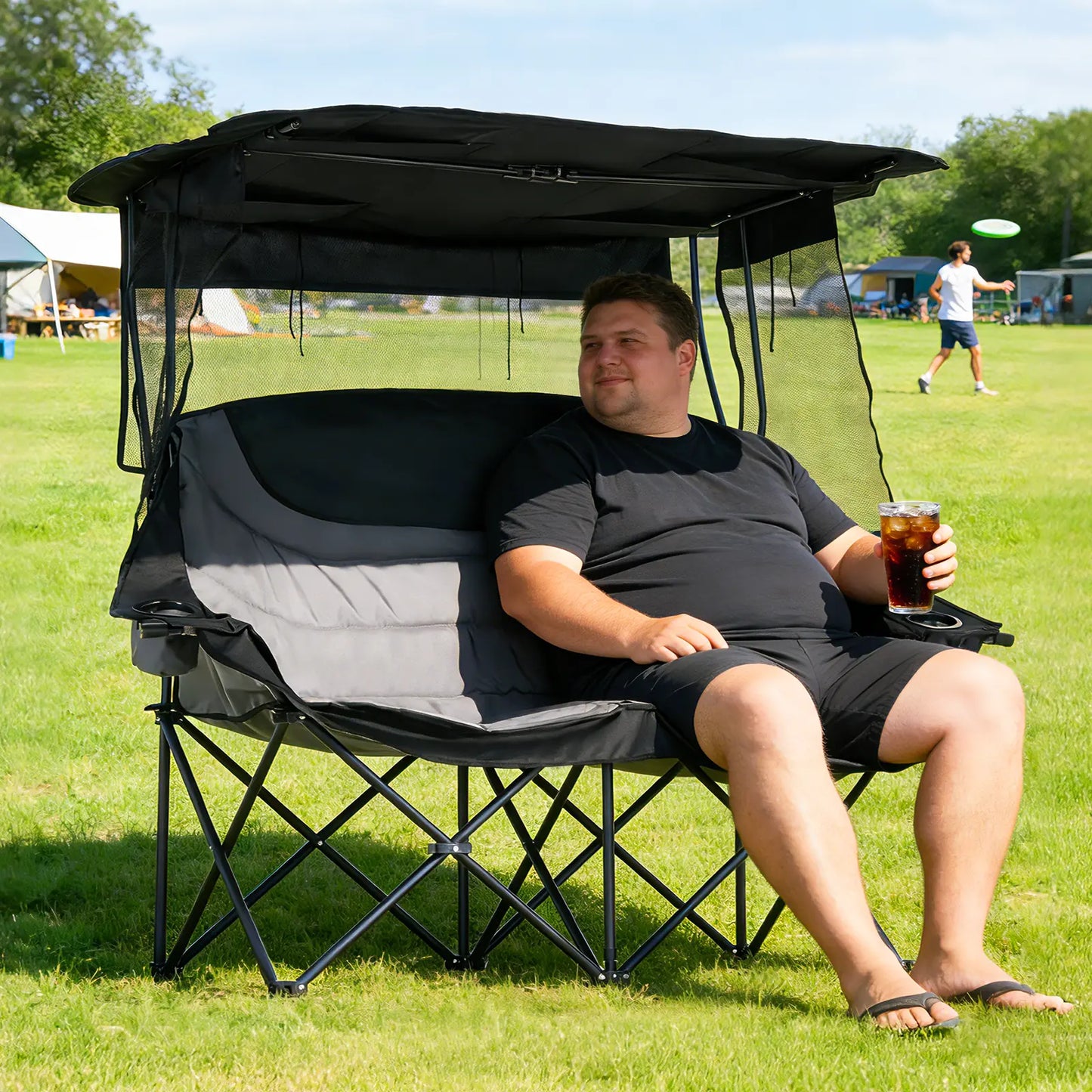 💥Factory Direct Sell💥 XXL Double Camping Chair 🪑 Padded Loveseat w/ Shade Canopy 🌿 Outdoor Lounge