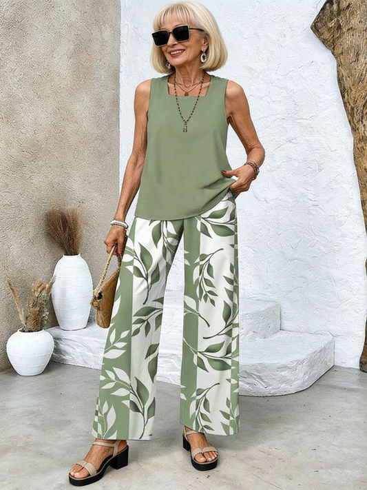 🎁New Arrivals🔥2Pcs Vacation Casual Square Neck Pullover Tank Plus Trousers Digital Printing