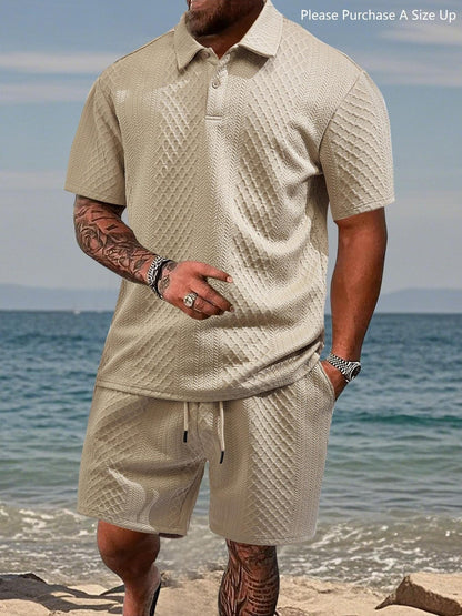 🎁New Arrivals🔥Men's Solid Polo Shirt & Drawstring Waist Shorts Set, Cozy Breathable Two-piece Outfits