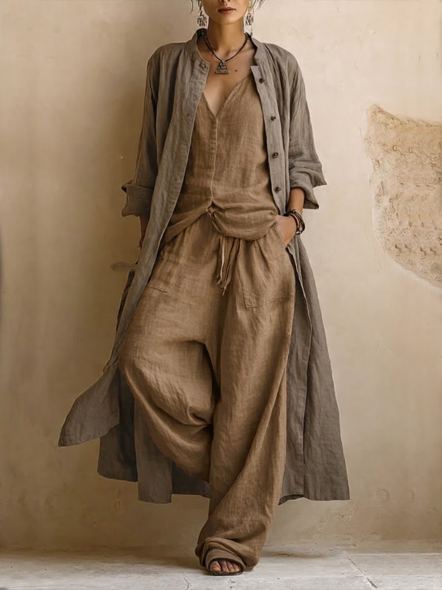 🎁New Arrivals🔥Casual Bohemian Linen And Cotton Long Cardigan And Sleeveless Top And Pants Three-piece Set