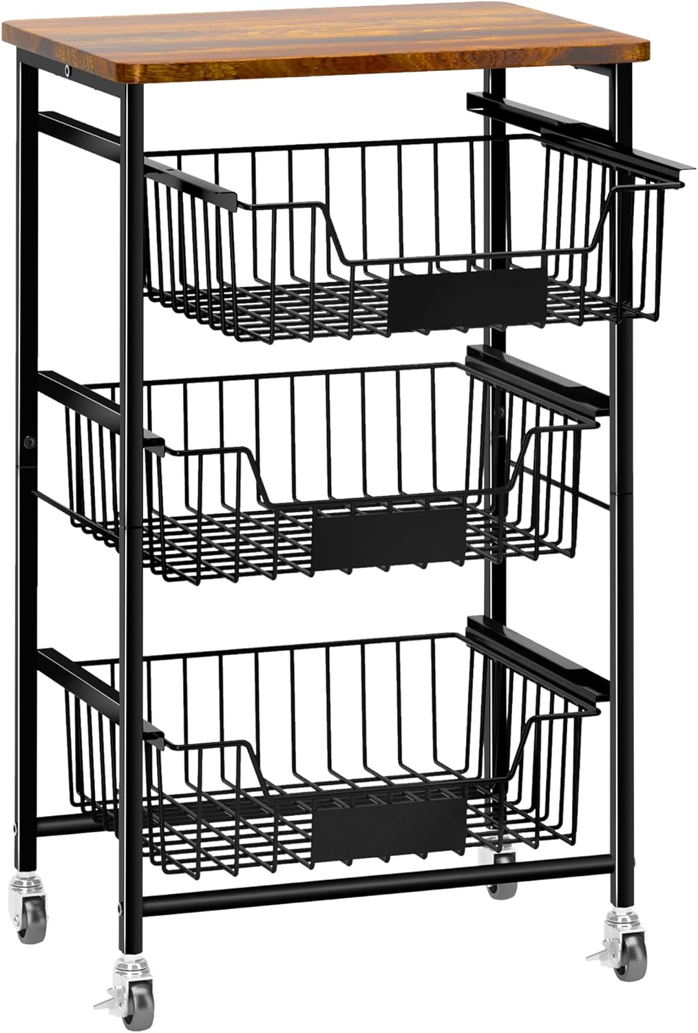 💚💚OKZEST Fruit Basket, 5-Tier Utility Kitchen Organizer and Storage Cart with Pull-Out Baskets and Wood Top, Rolling Pantry Kitchen Cart on Wheels for Fruit Potato Onion Vegetable Snack Produce