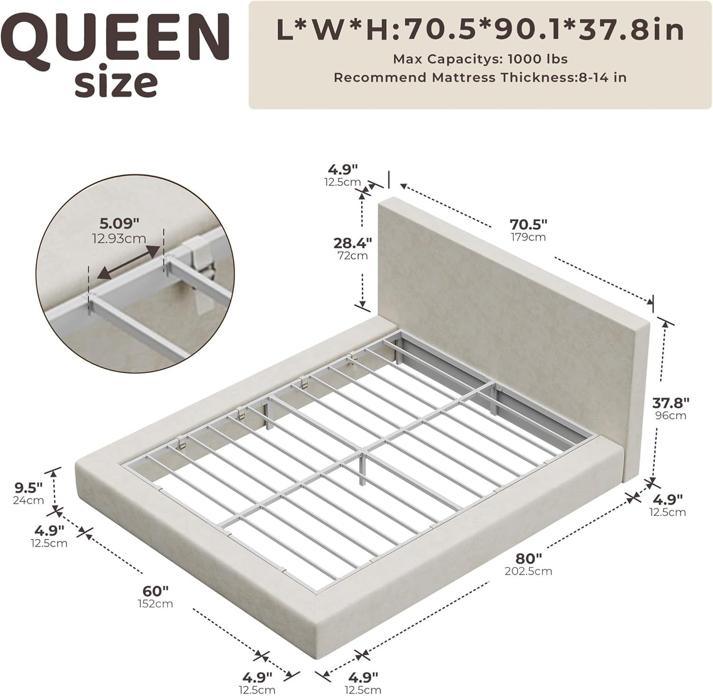 💥Factory Direct Sale💥Cloud Queen Bed Frame with Headboard – Beige Chenille