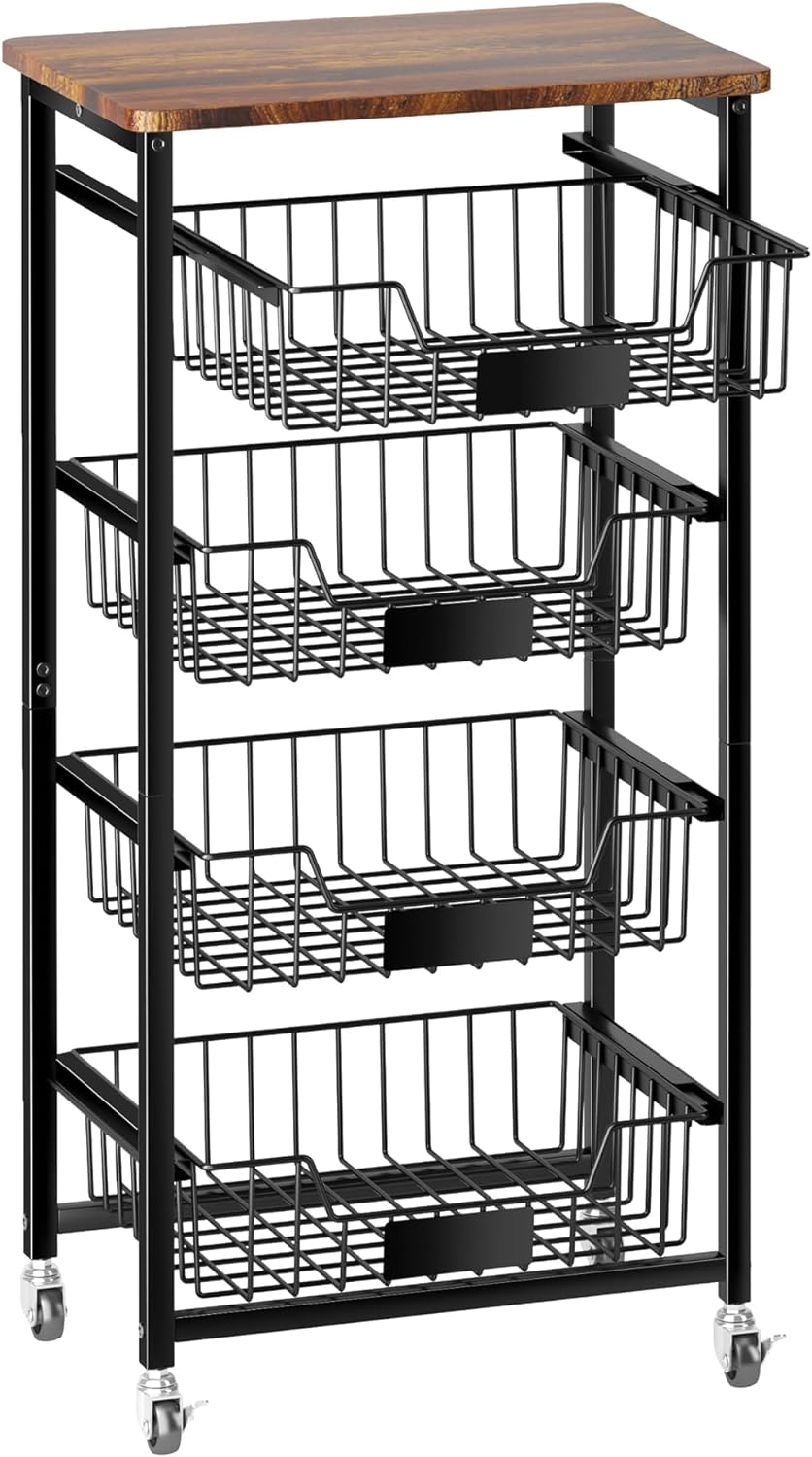 💚💚OKZEST Fruit Basket, 5-Tier Utility Kitchen Organizer and Storage Cart with Pull-Out Baskets and Wood Top, Rolling Pantry Kitchen Cart on Wheels for Fruit Potato Onion Vegetable Snack Produce