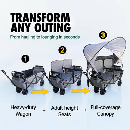 💥Factory Direct Sell💥 Folding Lawn Wagon 🚙✨ 2 Seats, UPF 50+ Canopy & All-Terrain Wheels 🌿